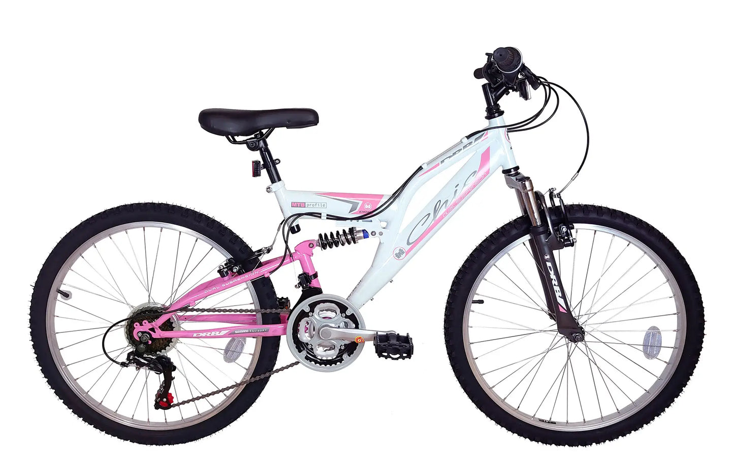 DRB CHIC JUNIOR GIRLS FULL SUSPENSION MOUNTAIN BIKE, 24″ WHEEL – PURPLE