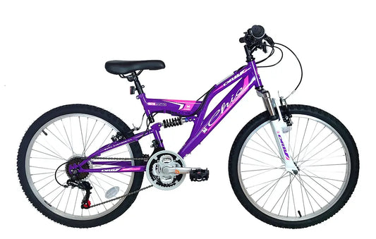 DRB CHIC JUNIOR GIRLS FULL SUSPENSION MOUNTAIN BIKE, 24″ WHEEL – PURPLE